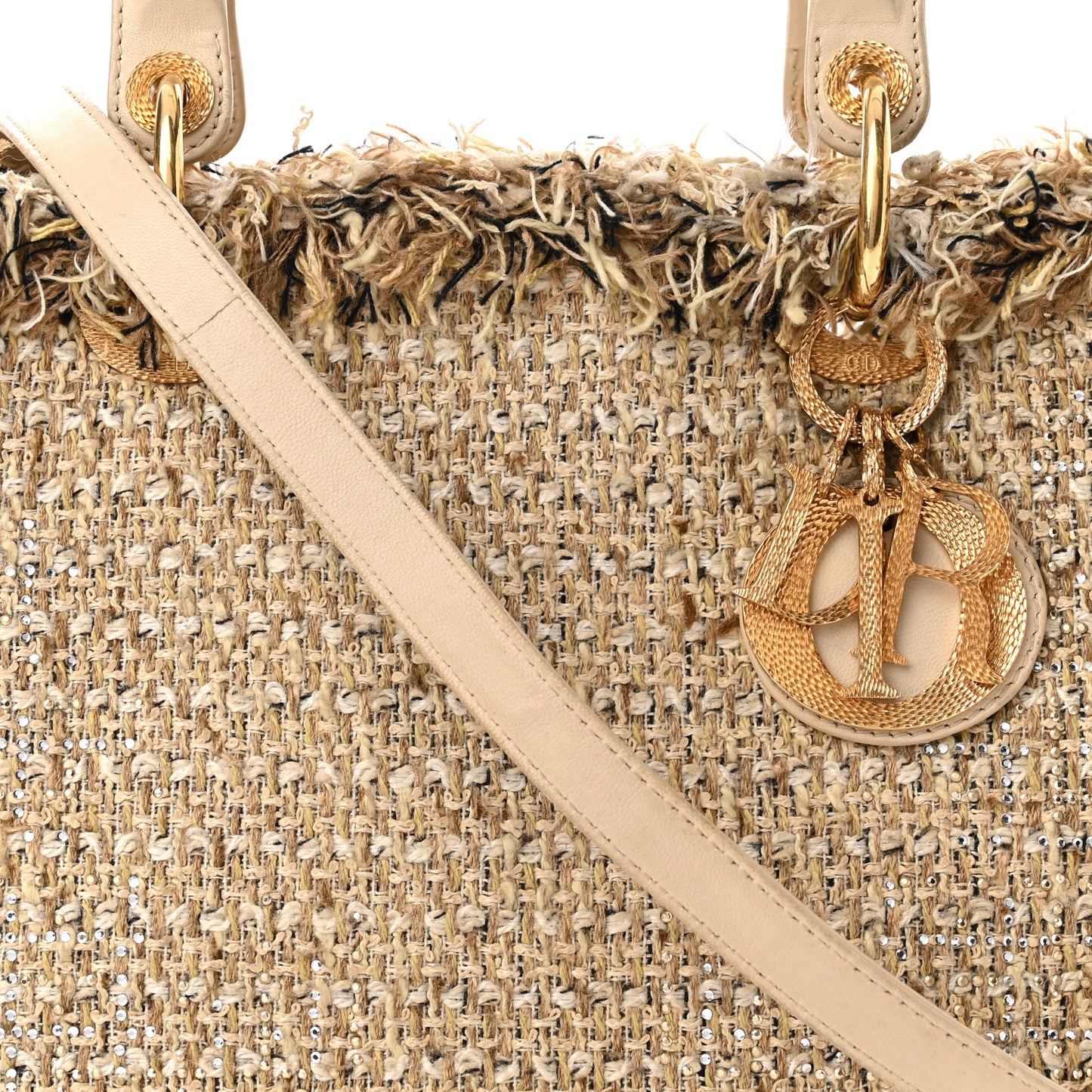 Tweed Crystal Fringe Medium Lady Dior Beige