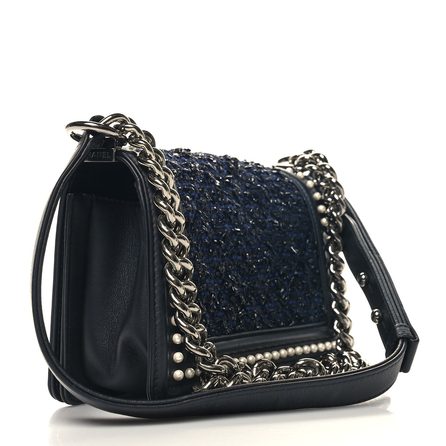 Calfskin Pearl Tweed Small Boy Flap Black