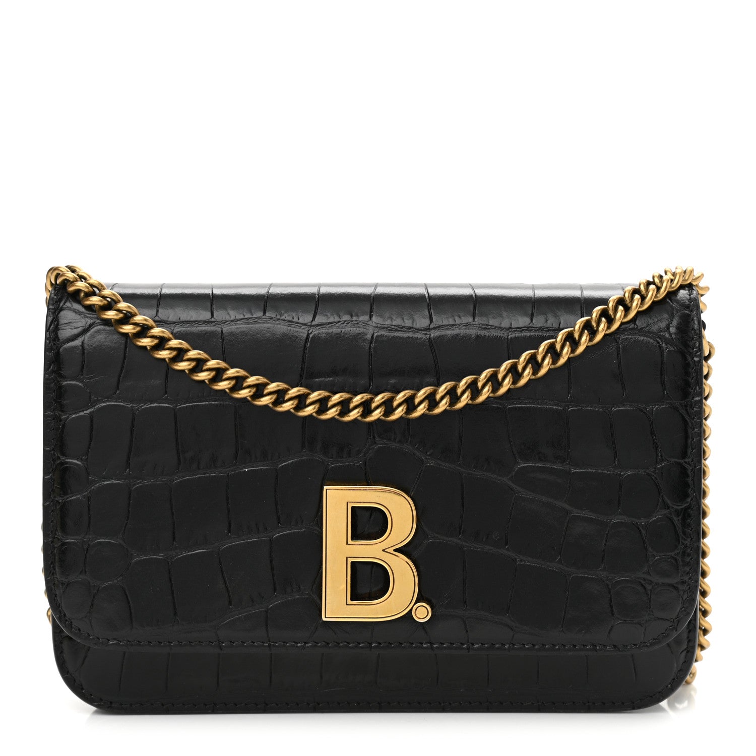 Balenciaga Crocodile Embossed Patent B Wallet On Chain Black 1 of 10