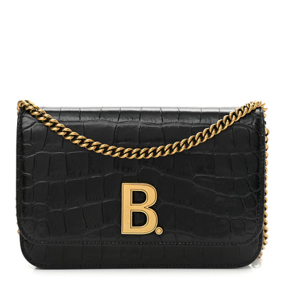 Balenciaga Crocodile Embossed Patent B Wallet On Chain Black 1 of 10