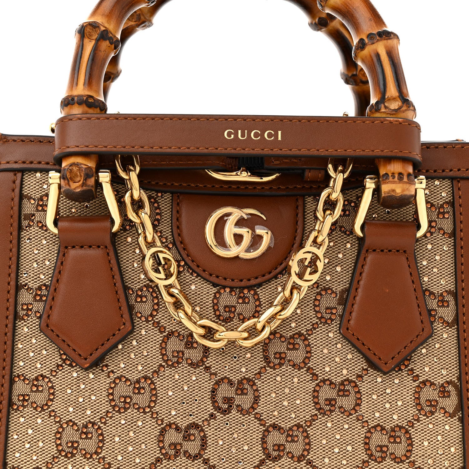 Gucci New Canvas Charisma Calfskin Crystal GG Monogram Mini Diana Tote Bag Camel Ebony 7 of 10