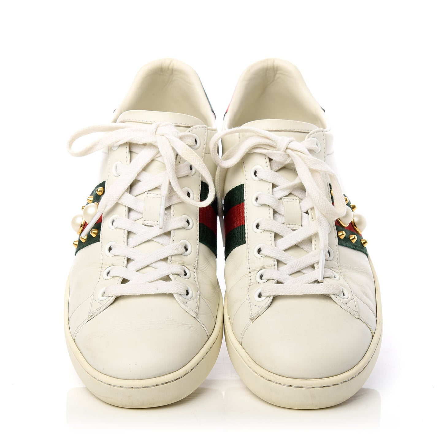 Calfskin Web Pearl Studded Womens Ace Sneakers 37.5 White
