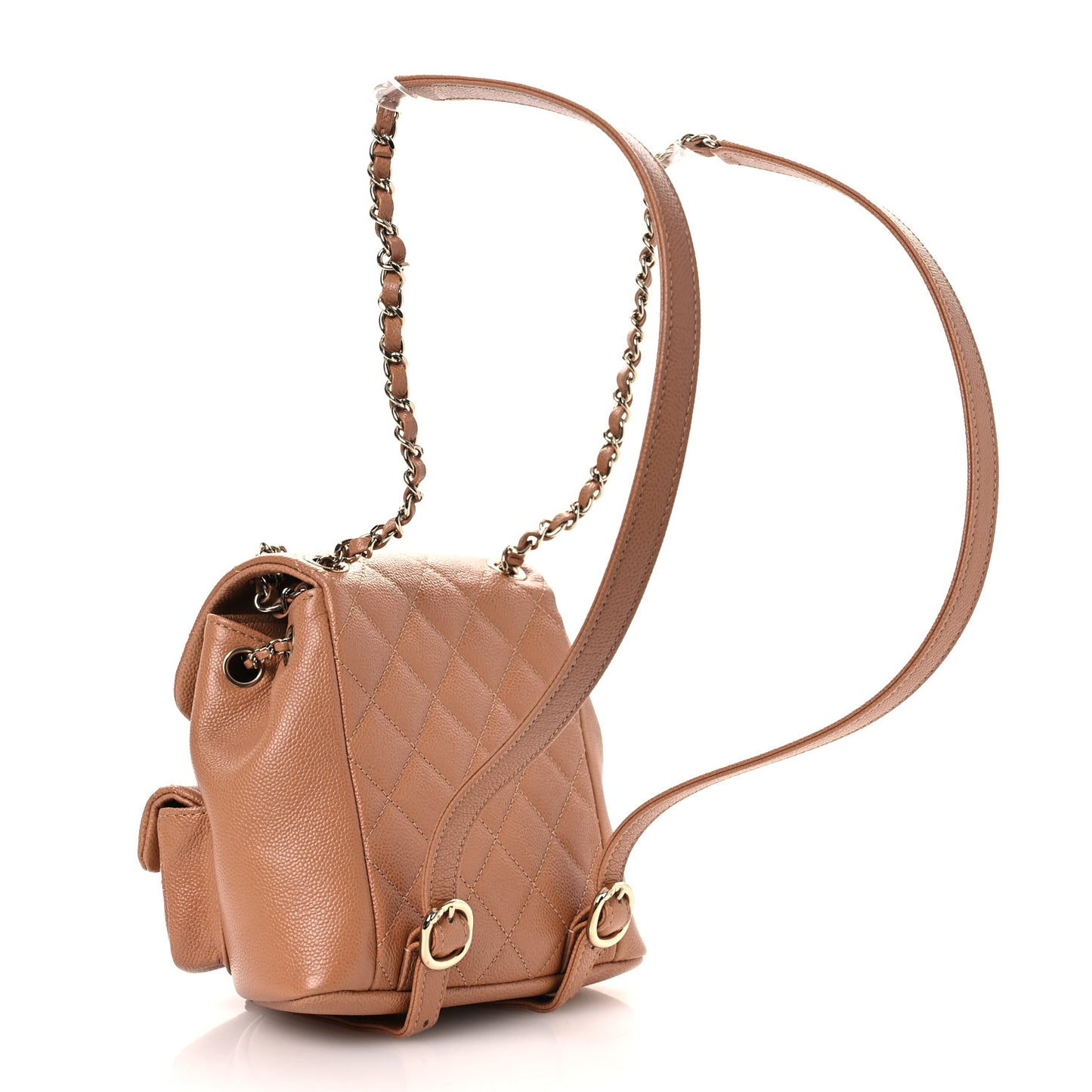 Shiny Caviar Quilted Small Duma Pockets Drawstring Backpack Dark Beige