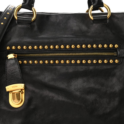 Prada Glace Calf Studded Tote Black 7 of 9