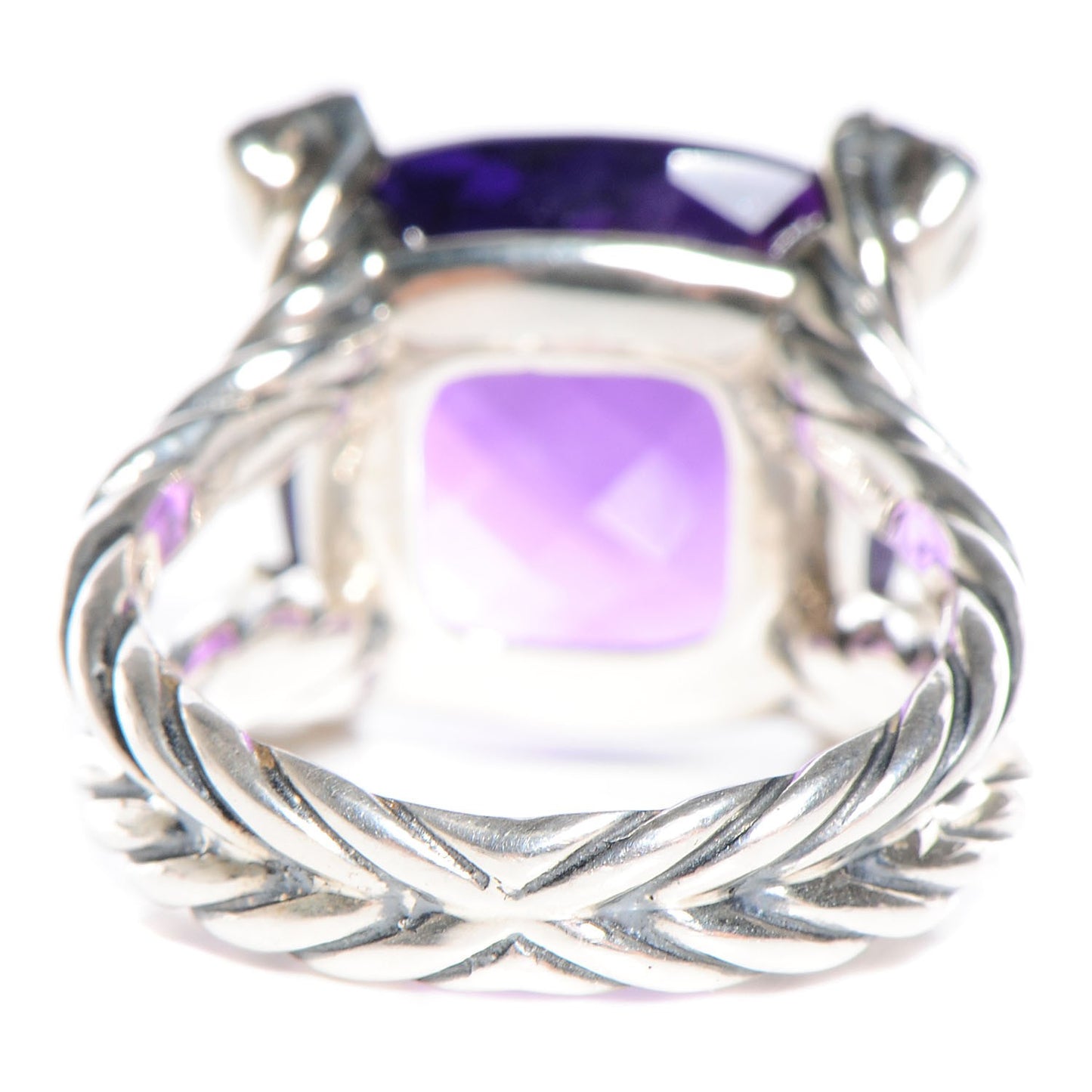 Sterling Silver Amethyst Pave Diamond 15mm Cushion On Point Ring 7