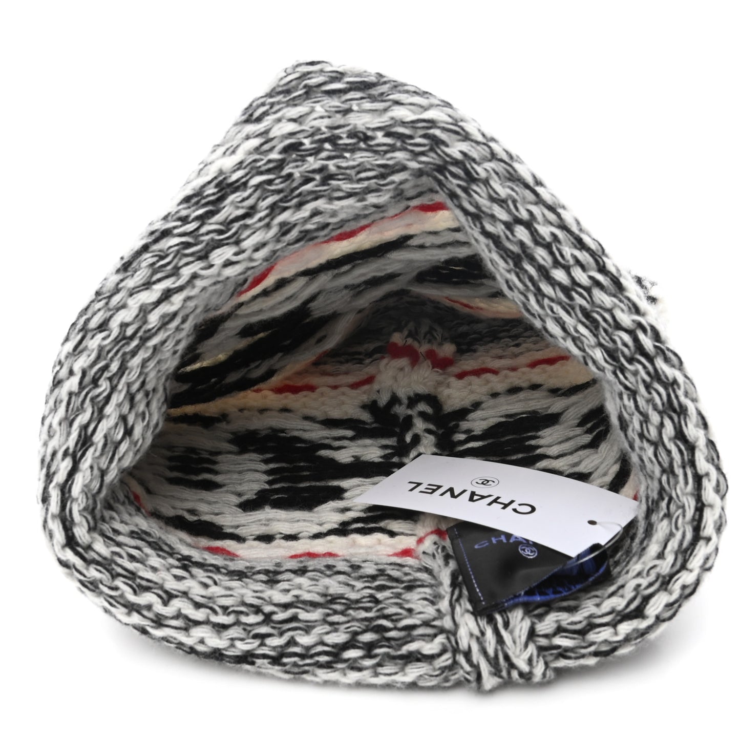 Wool Shearling CC Beanie Hat Ivory Black Red