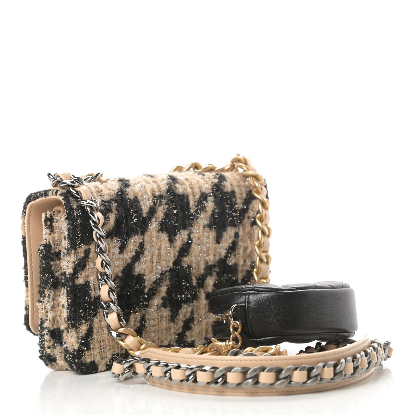 Wool Tweed Lambskin Quilted Chanel 19 Wallet On Chain WOC and Coin Purse Beige Black