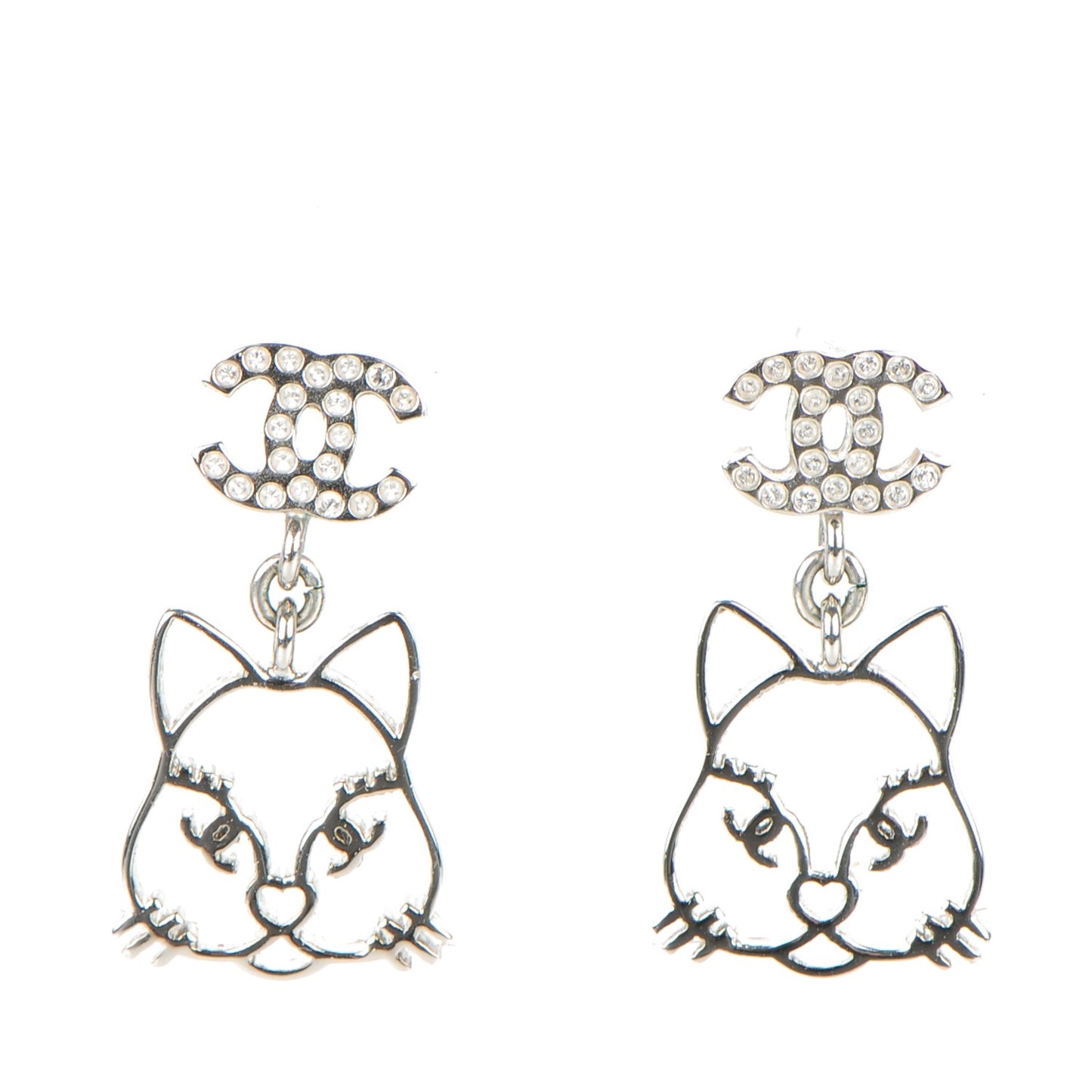 Crystal Emoji Choupette Cat CC Earrings Silver