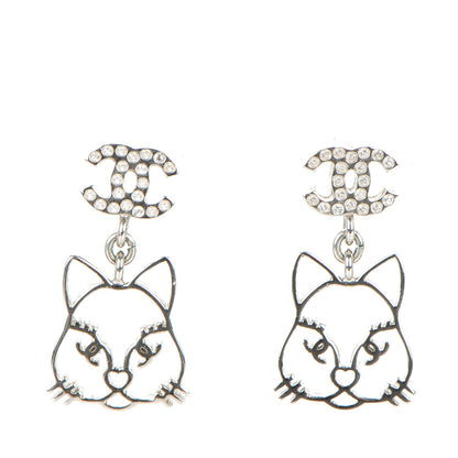 Chanel Crystal Emoji Choupette Cat CC Earrings Silver 1 of 5