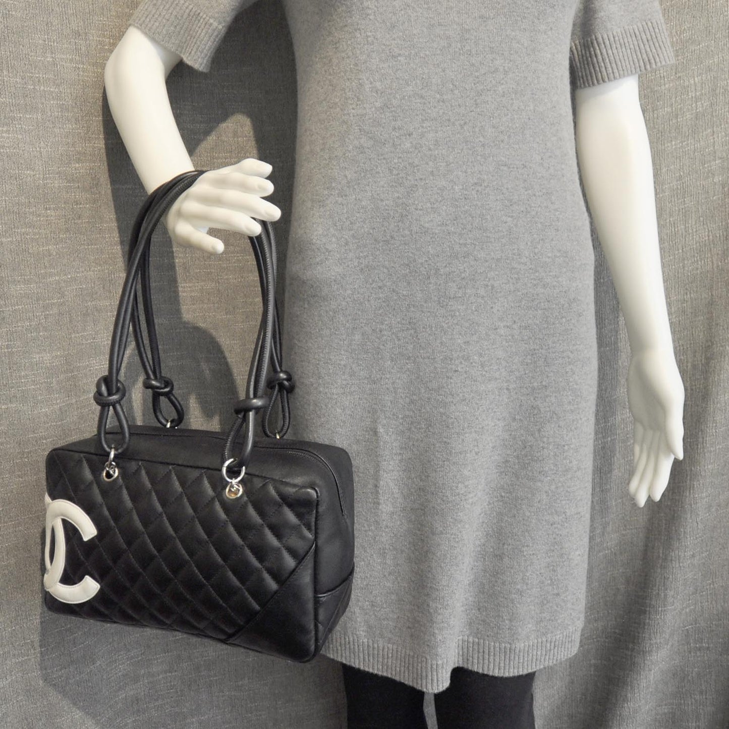 Calfskin Quilted Large Cambon Bowler Black White