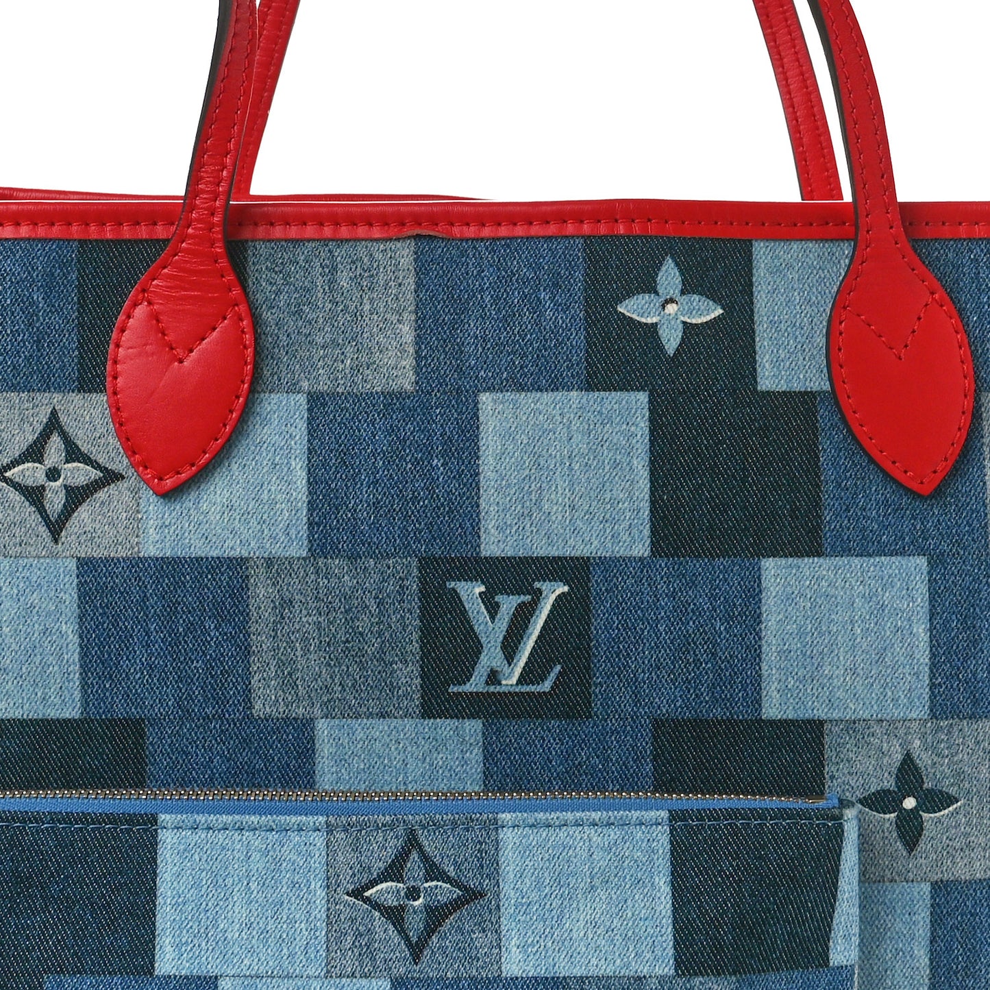 Denim Damier Monogram Patchwork Neverfull Blue Rouge