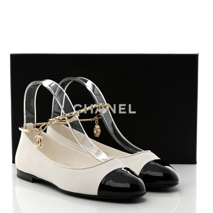 Chanel Lambskin Patent Calfskin Cap Toe Ankle Chain Ballerina Flats 37 White Black 9 of 9