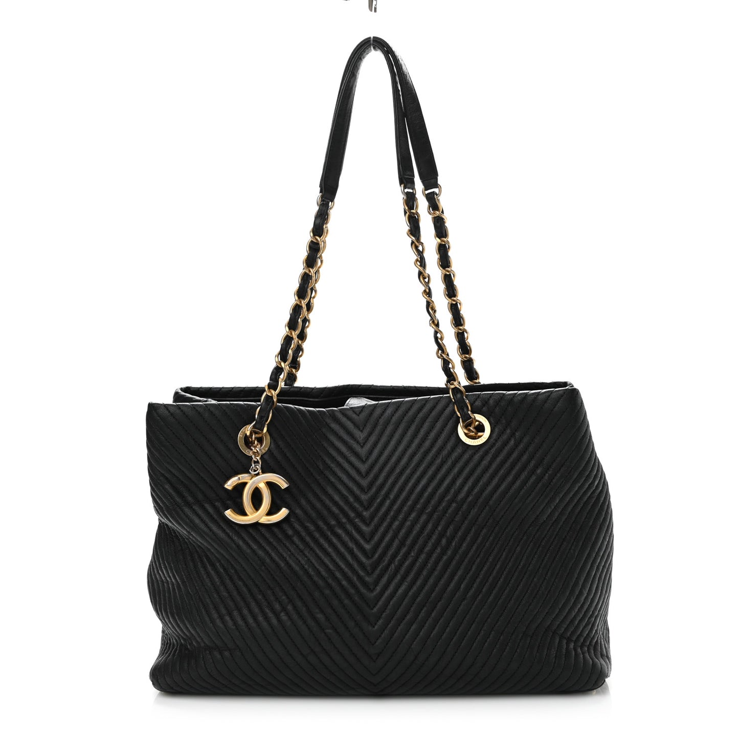 Wrinkled Lambskin Chevron Quilted Surpique Tote Black