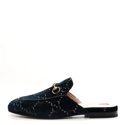 Gucci Velvet GG Monogram Womens Princetown Slippers 37 Blue Beige 1 of 10