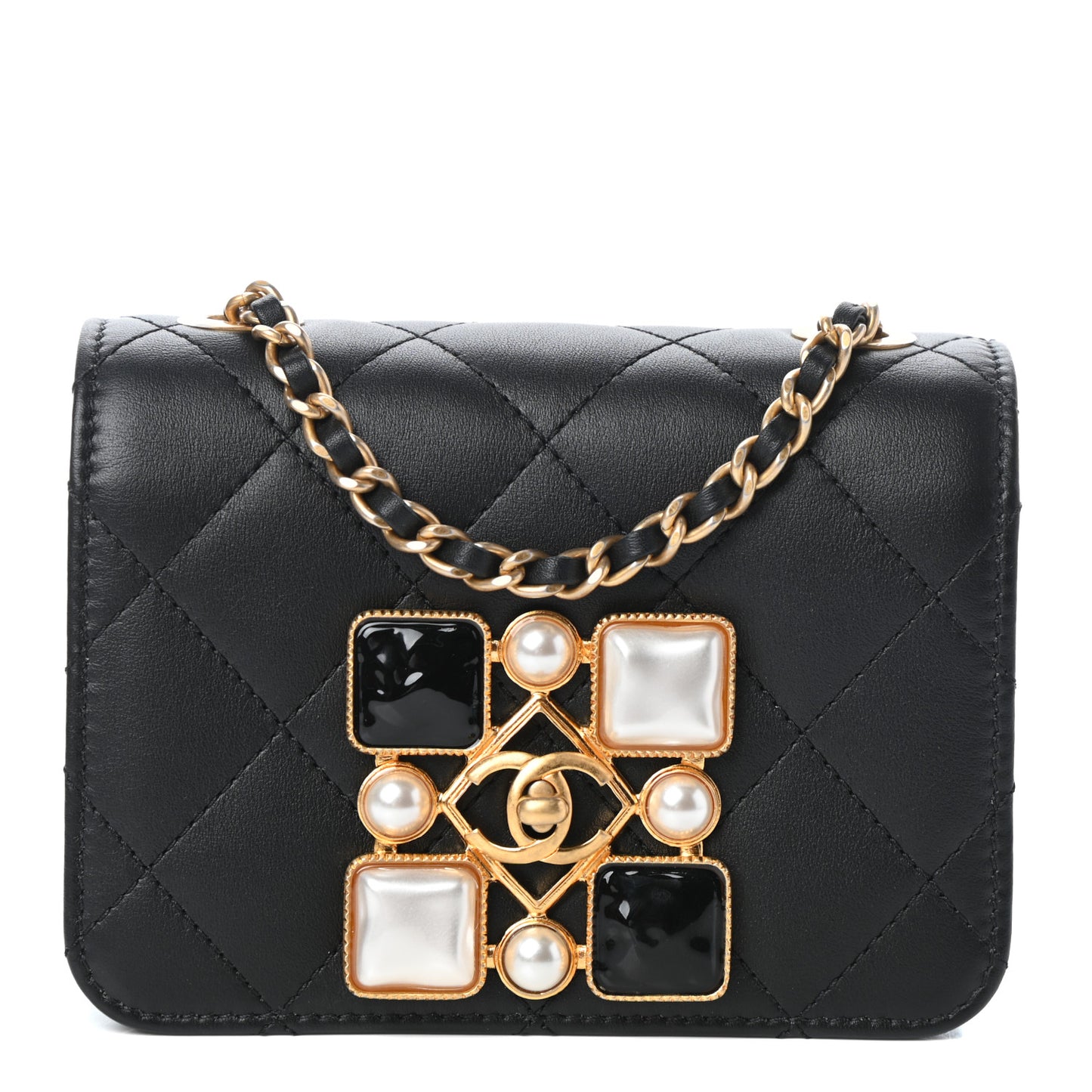 Calfskin Quilted Crystal Pearl Mini Flap Bag Black