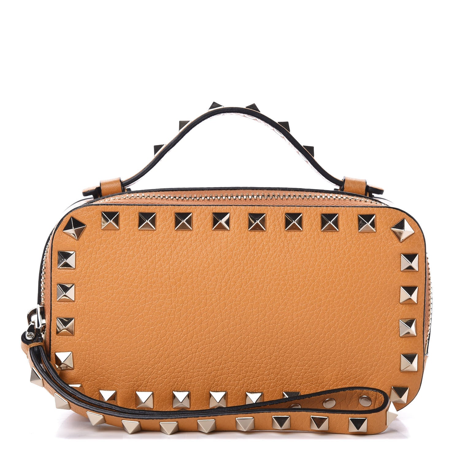 Valentino Garavani Pebbled Calfskin Rockstud Slip Handle Wristlet Zip Clutch Orange 1 of 9