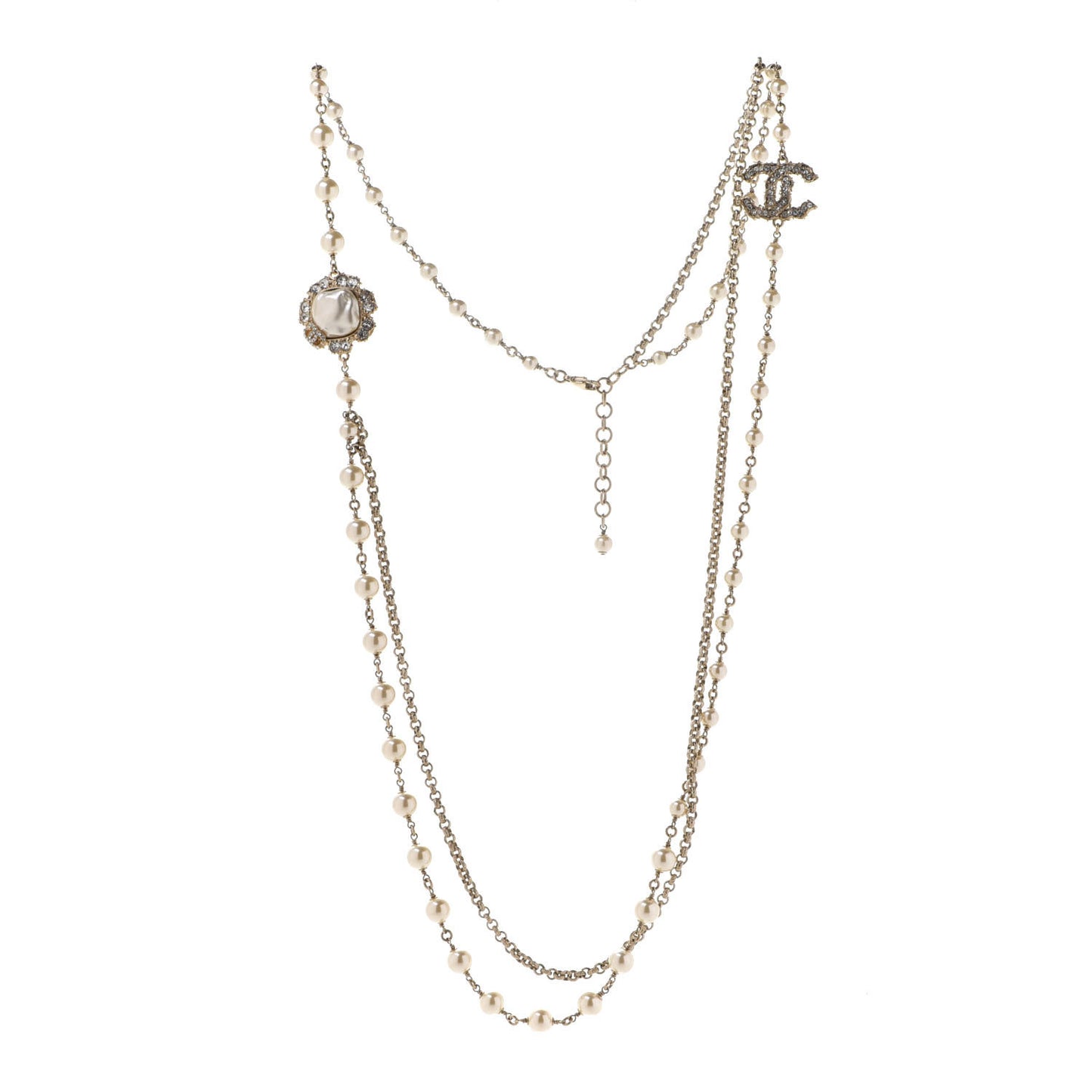 Pearl Crystal CC Camellia Express Long Necklace Gold