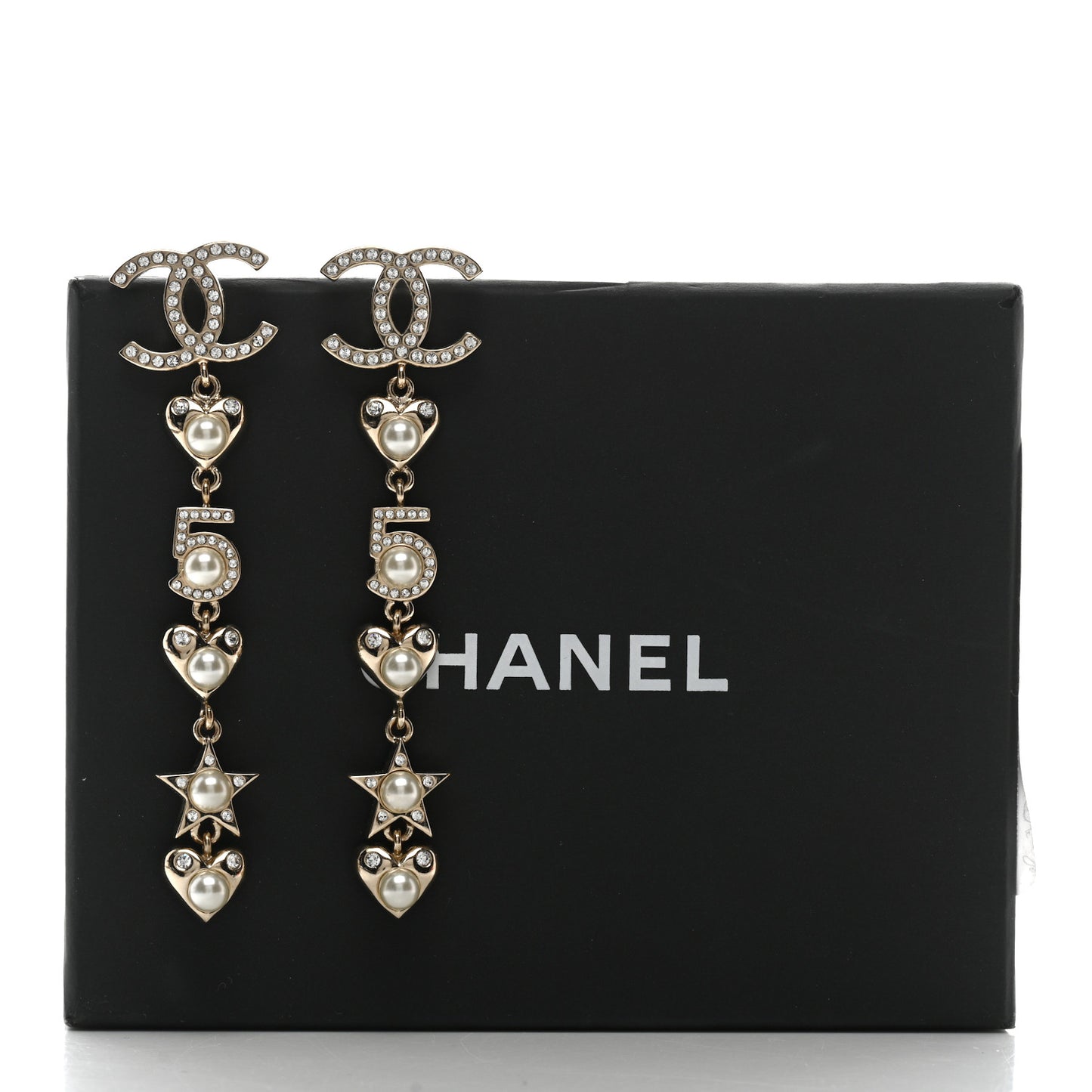Crystal Pearl Charming Winter CC Star Heart Drop Earrings Gold