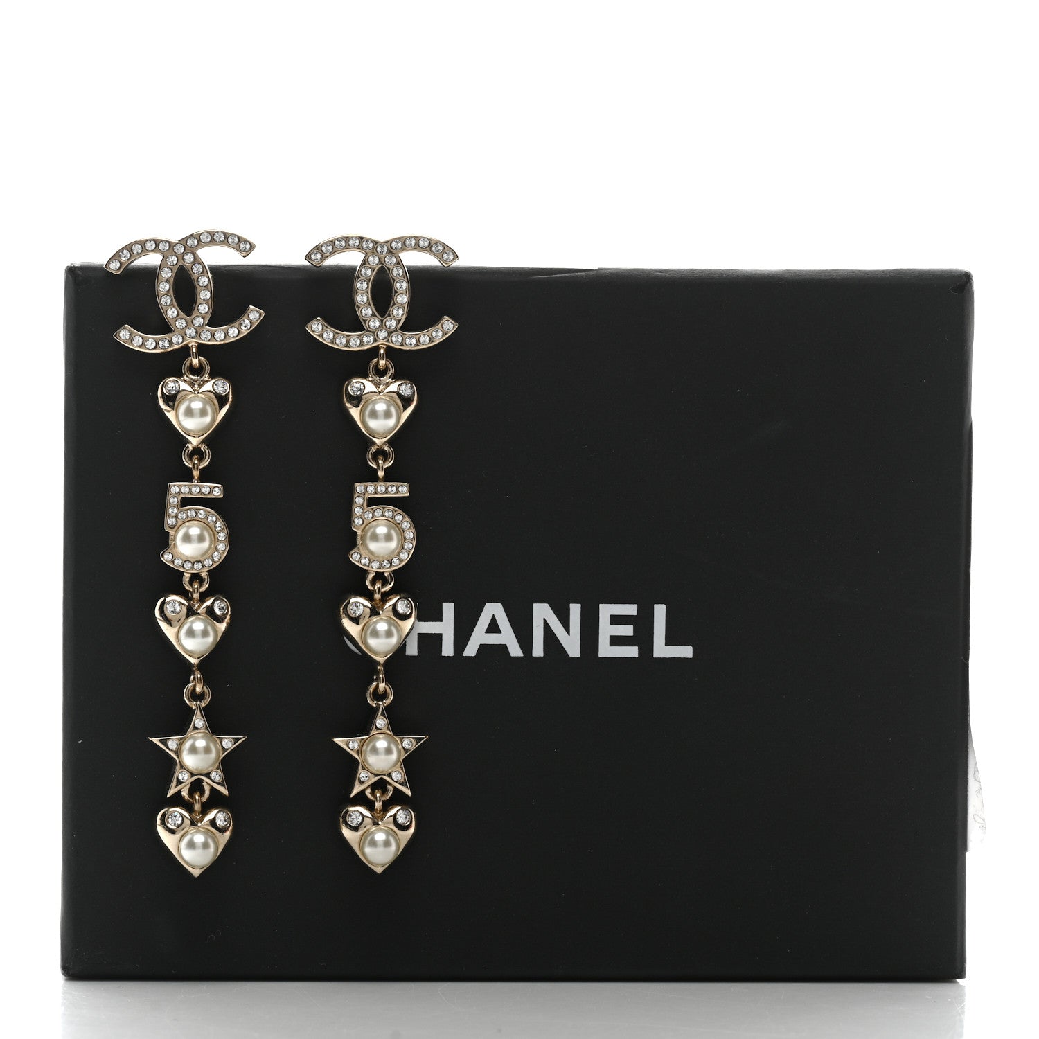 Chanel Crystal Pearl Charming Winter CC Star Heart Drop Earrings Gold 5 of 5