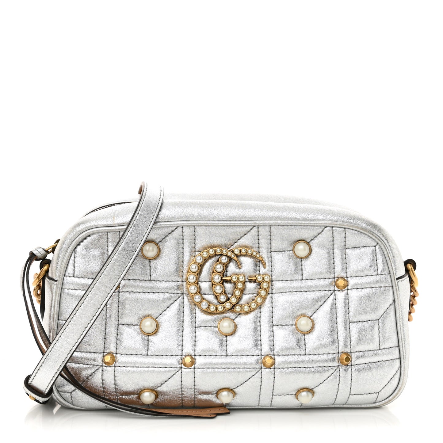 Metallic Calfskin Matelasse Studded Small Pearly GG Marmont Chain Shoulder Bag Silver