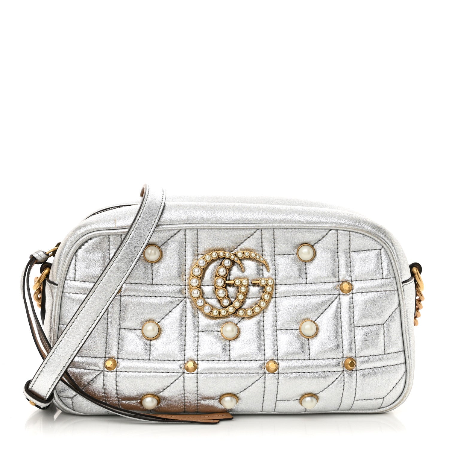 Gucci Metallic Calfskin Matelasse Studded Small Pearly GG Marmont Chain Shoulder Bag Silver 1 of 14