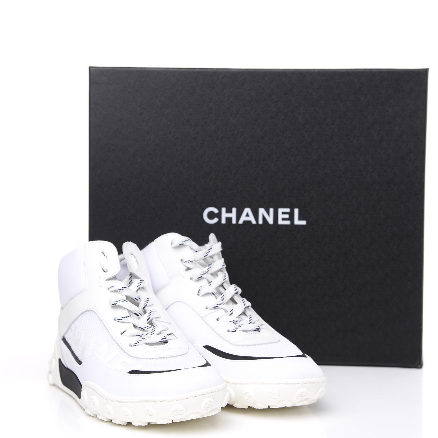 Chanel Calfskin Mesh Lycra Womens Logo High Top Sneakers 37 White 8 of 8