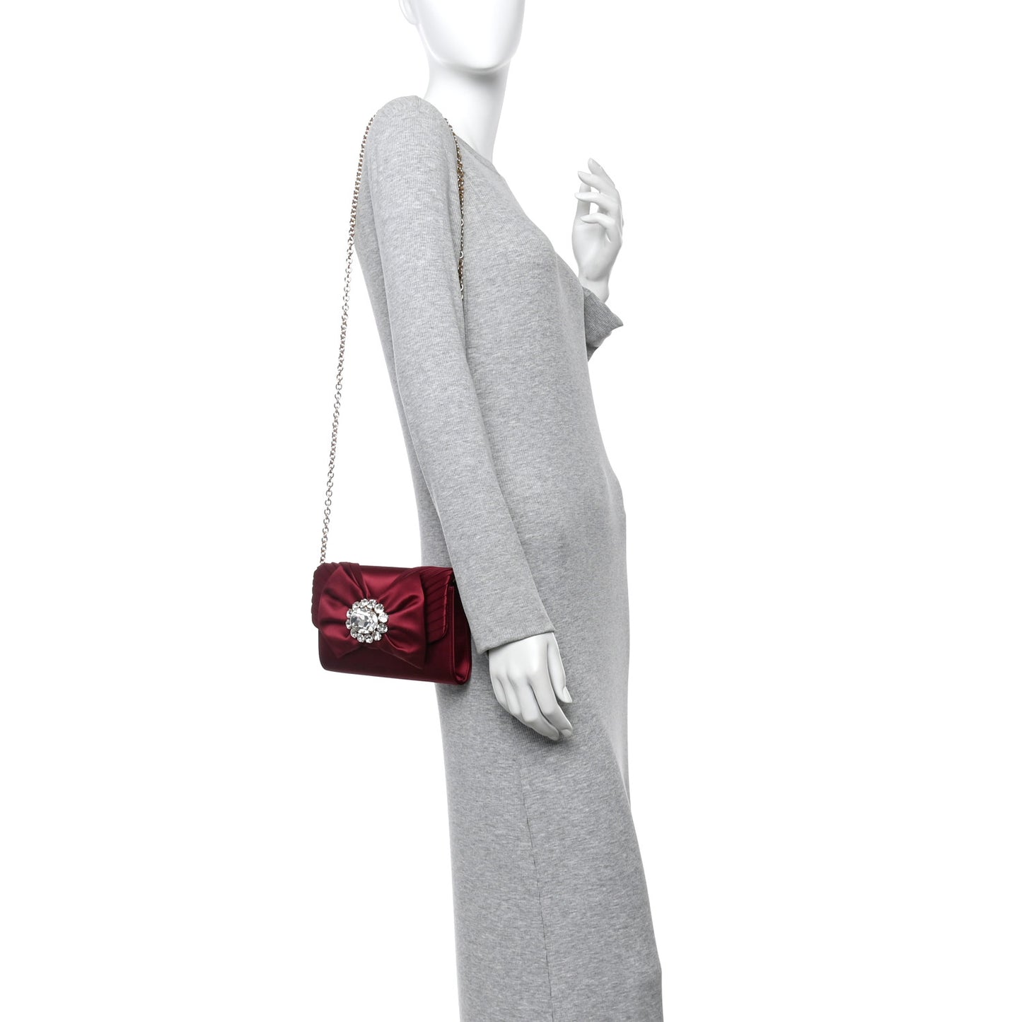 Satin Crystal Bow Chain Clutch Dark Red