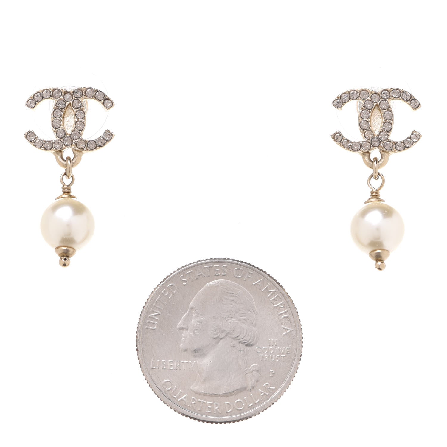 Chanel Crystal Pearl CC Drop Earrings Gold 2 of 5