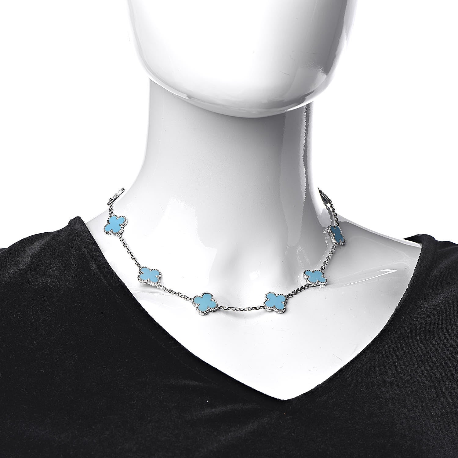 Van Cleef & Arpels 18K White Gold Turquoise 10 Motifs Vintage Alhambra Necklace 2 of 9