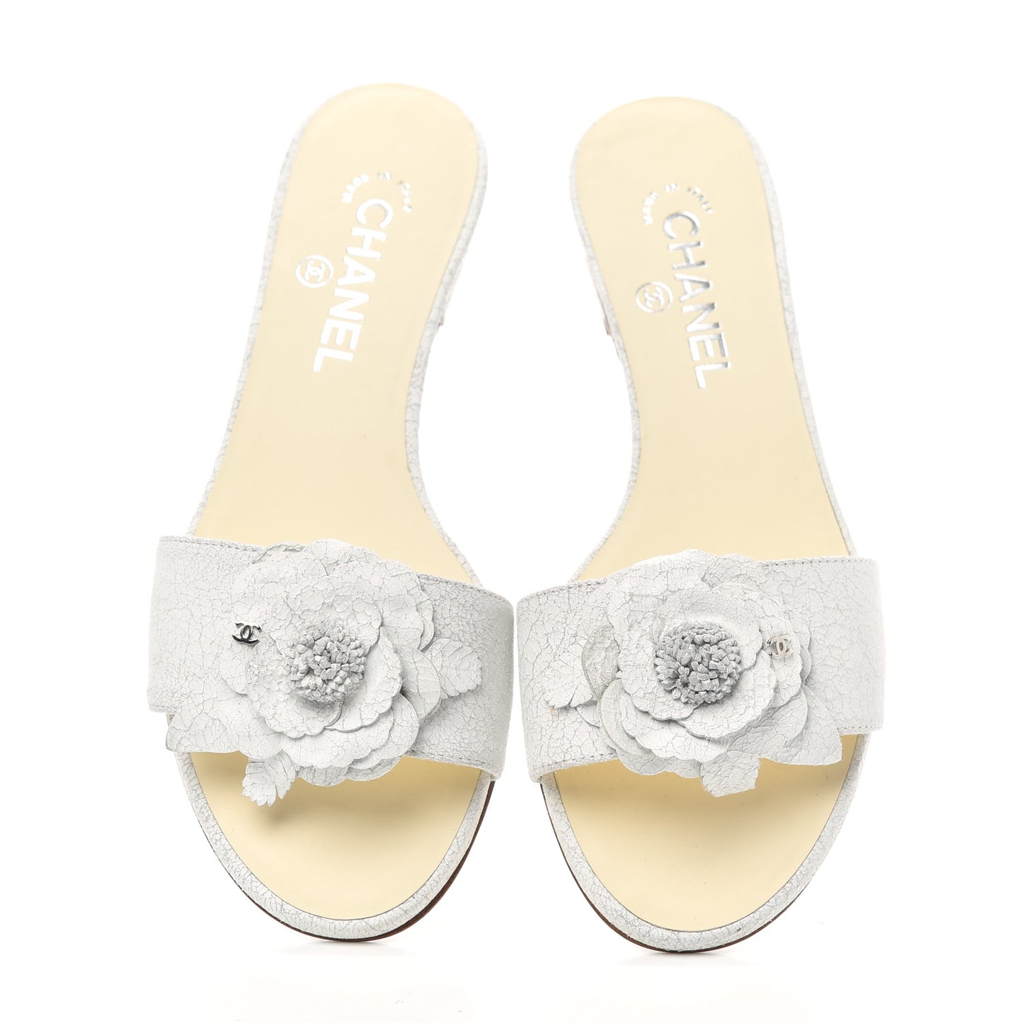 Crackled Lambskin Camellia Sandal Mule 38 White