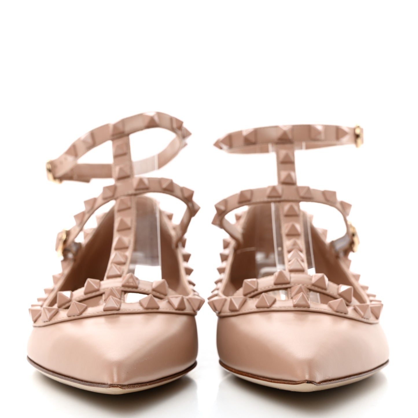 Callfskin Lacquered Monochrome Rockstud Cage Ballerina Flats 37.5 Poudre