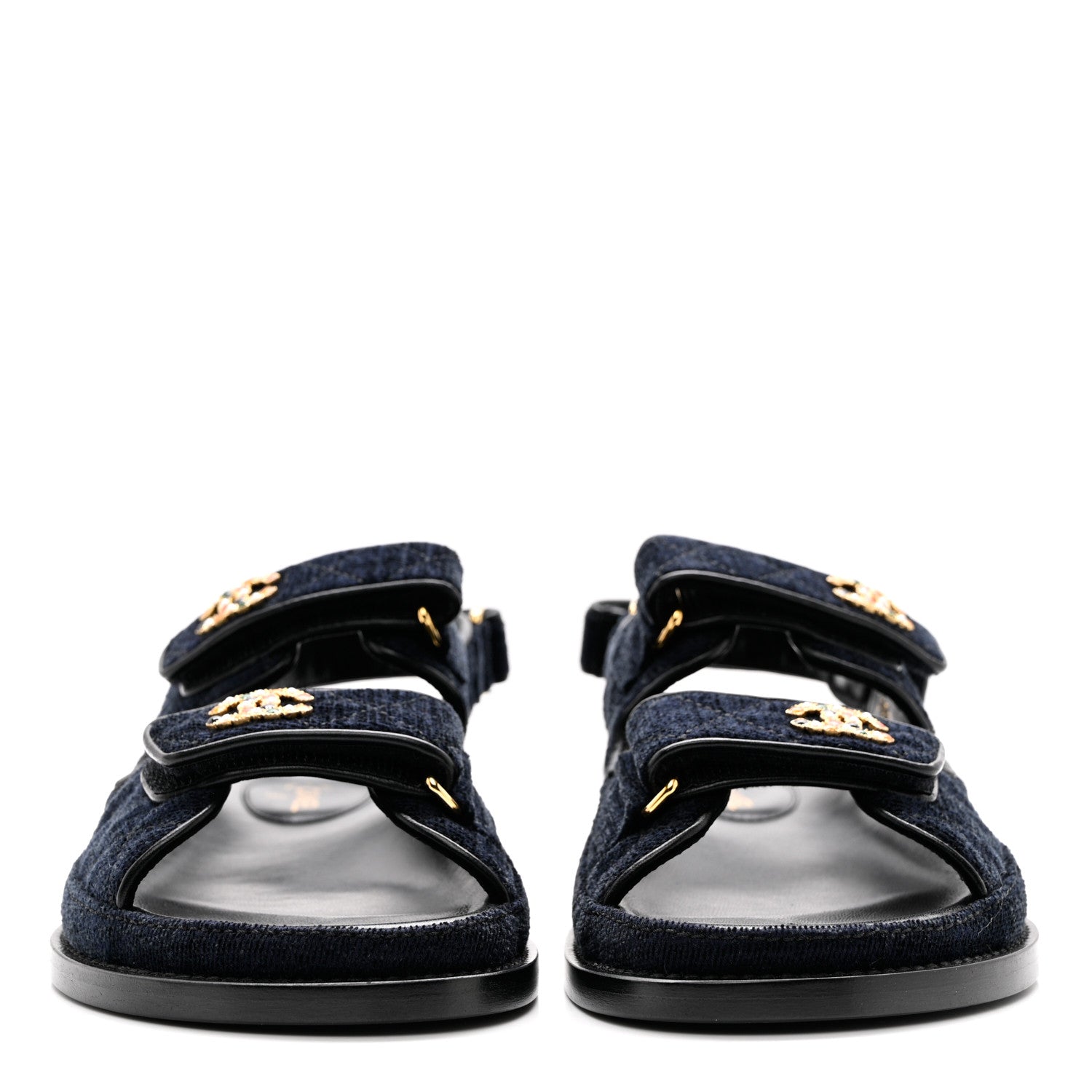 Chanel Velvet Velcro Dad Sandals 37.5 Navy Blue 2 of 9