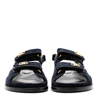 Chanel Velvet Velcro Dad Sandals 37.5 Navy Blue 2 of 9