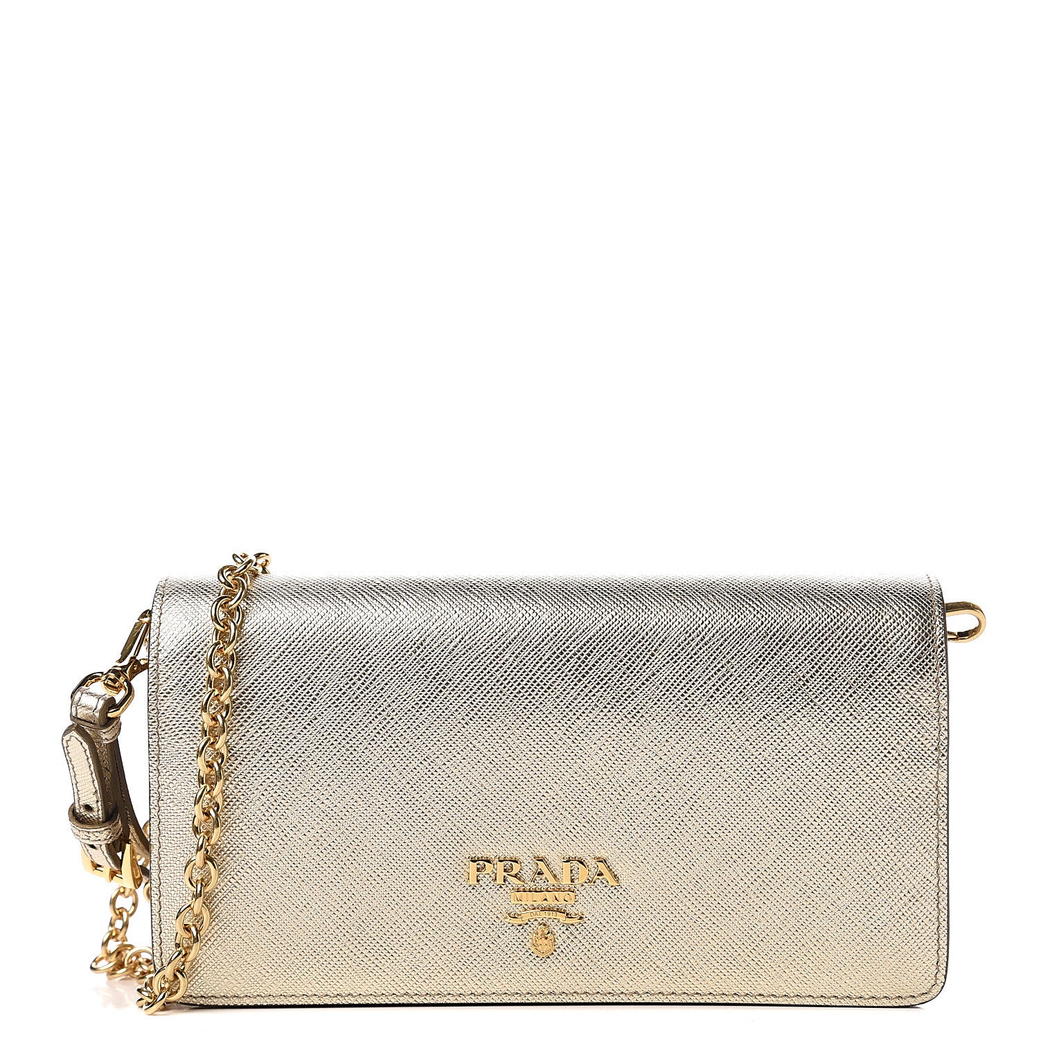 Prada Metallic Saffiano Metal Phone Wristlet Crossbody Wallet Platino 1 of 9