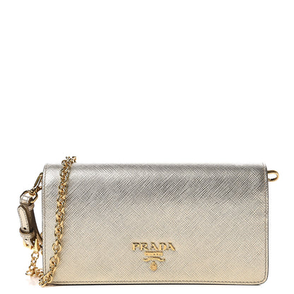 Prada Metallic Saffiano Metal Phone Wristlet Crossbody Wallet Platino 1 of 9