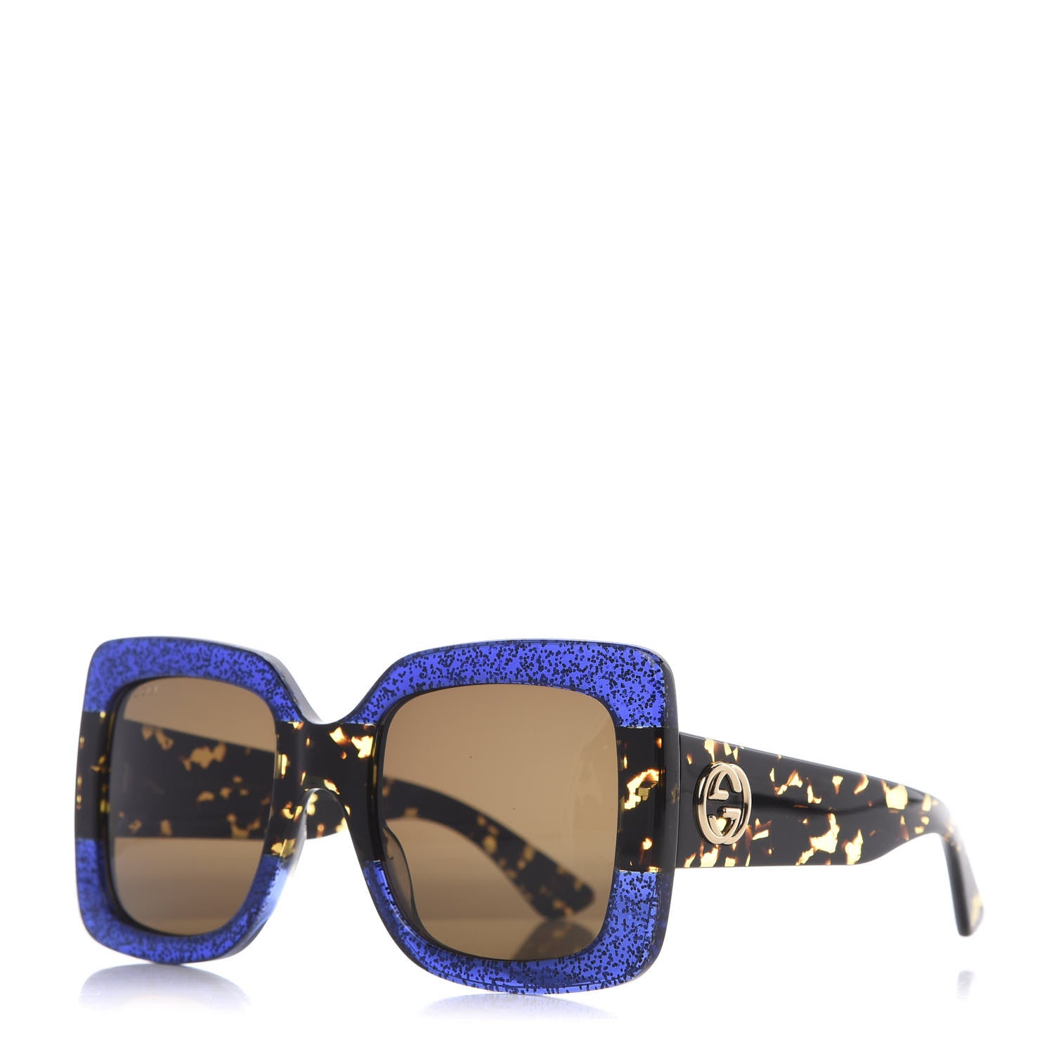 Gucci Square Frame GG0083S Sunglasses Glitter Blue Havana Brown 1 of 7
