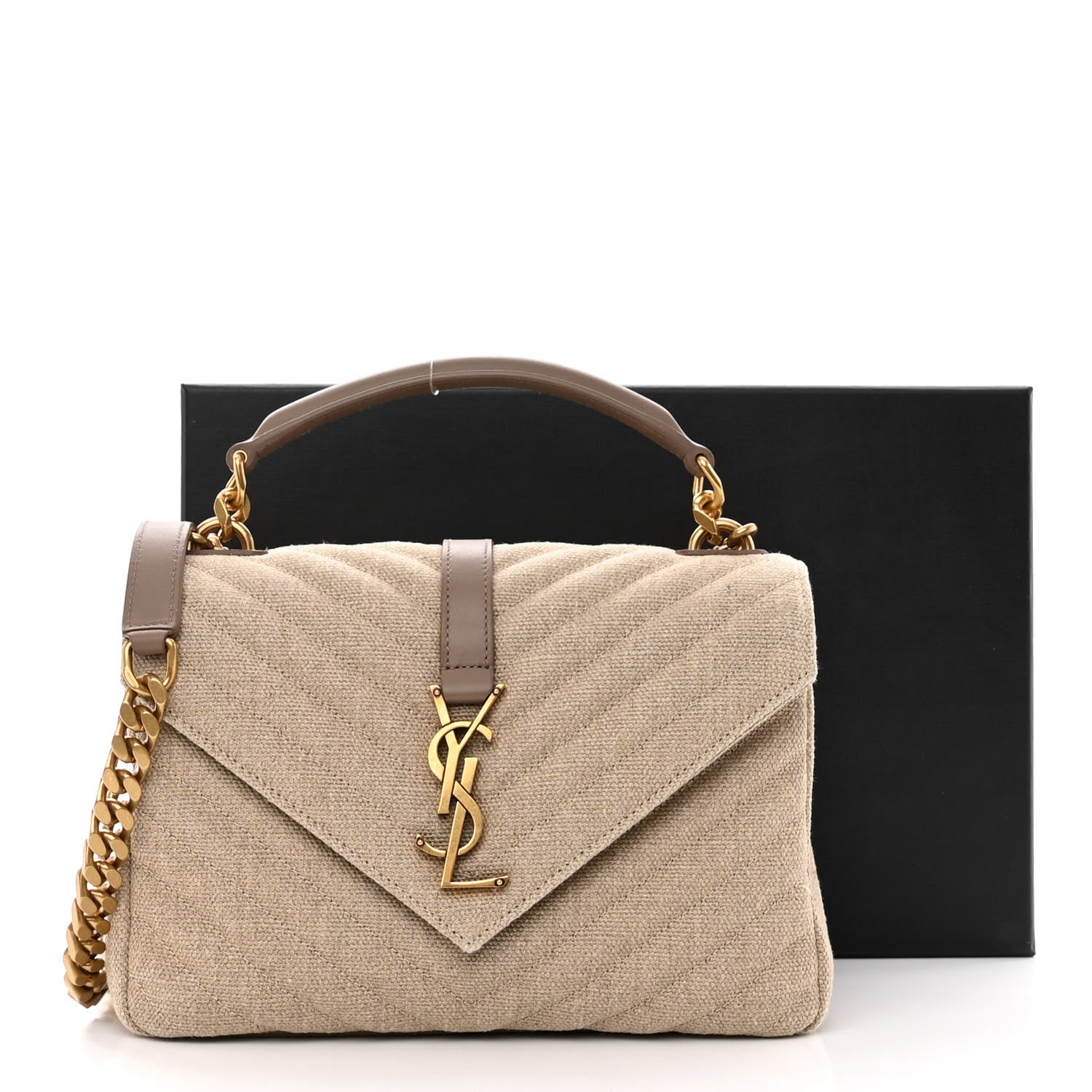 Saint Laurent Linen Quilted College Medium Chain Bag Taupe 10 of 10