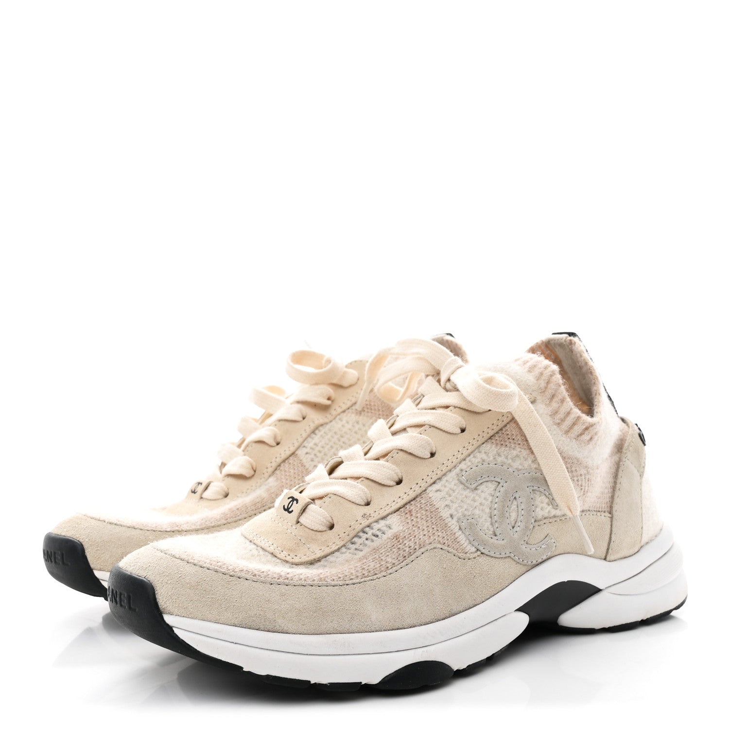 Chanel Knit Fabric Suede Calfskin Womens CC Sneakers 38.5 Ivory 4 of 9