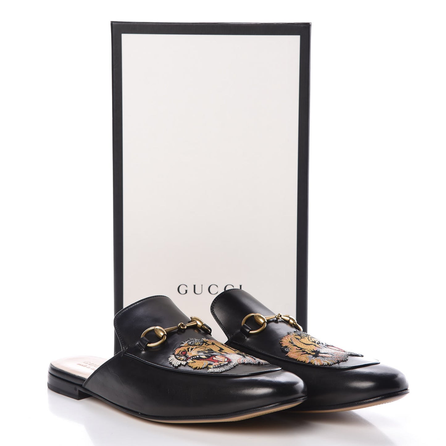 Calfskin Tiger Embroidered Mens Princetown Slippers 12 Black