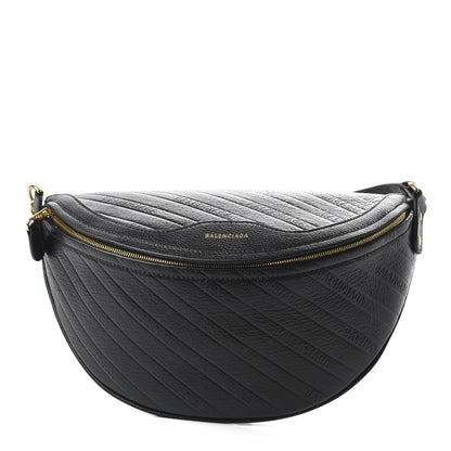 Balenciaga Shiny Goatskin Allover Logo Embossed XS Souvenir Belt Bag Black 1 of 9