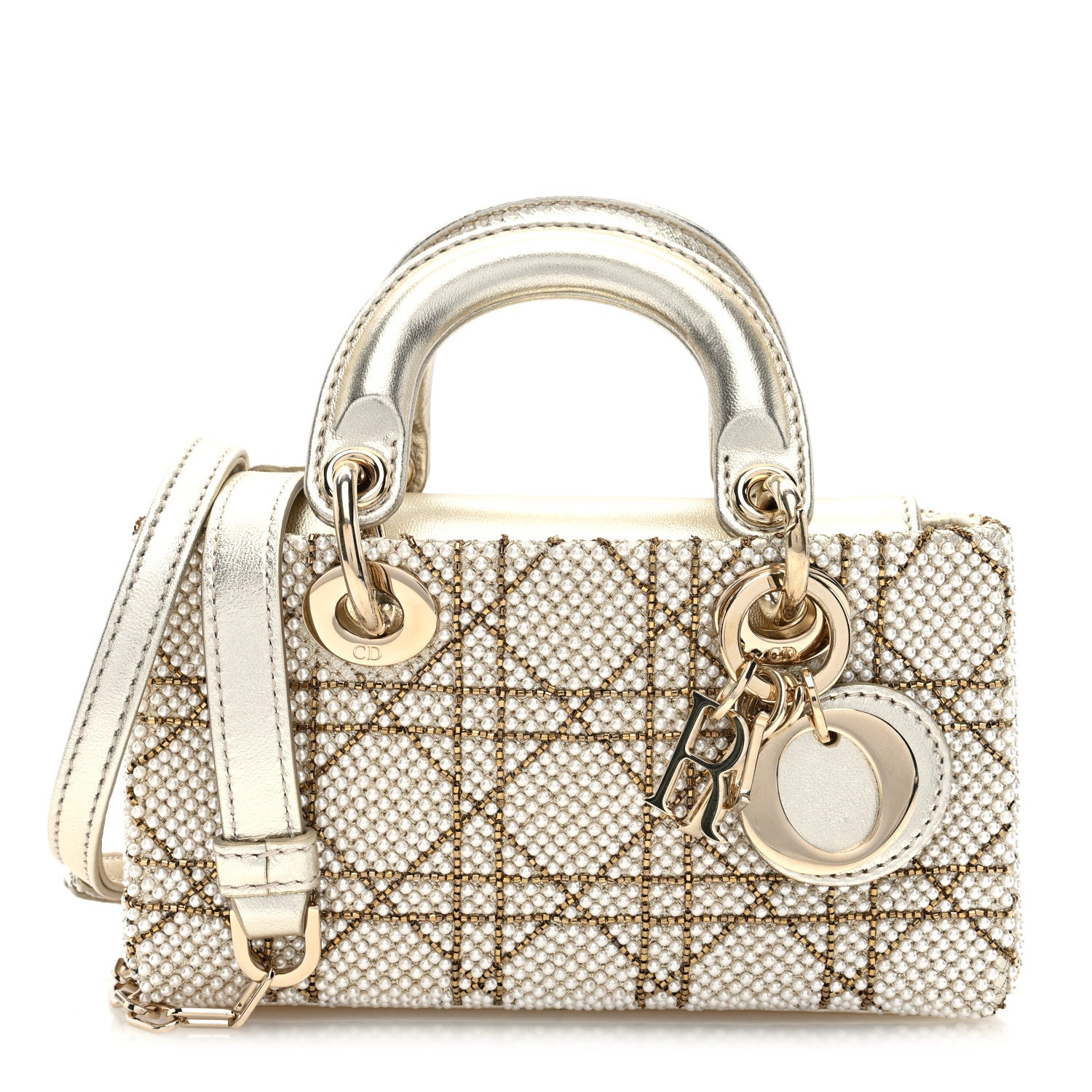 Christian Dior Lambskin Pearl Embroidered Micro Lady D-Joy Gold
