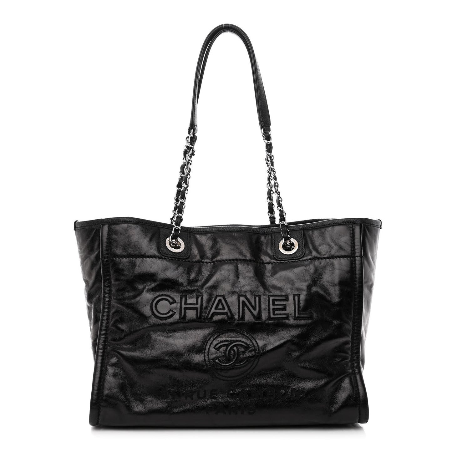 Glazed Calfskin Small Deauville Tote Black