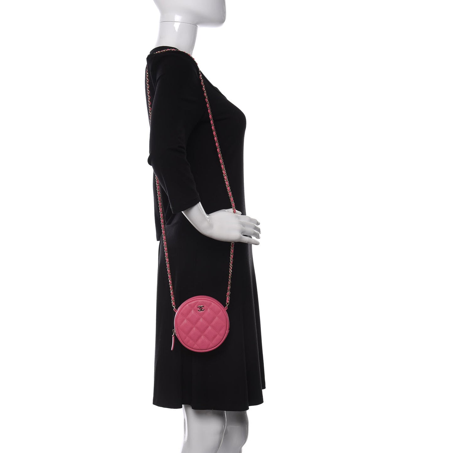 Caviar Quilted Round Clutch With Chain Pink