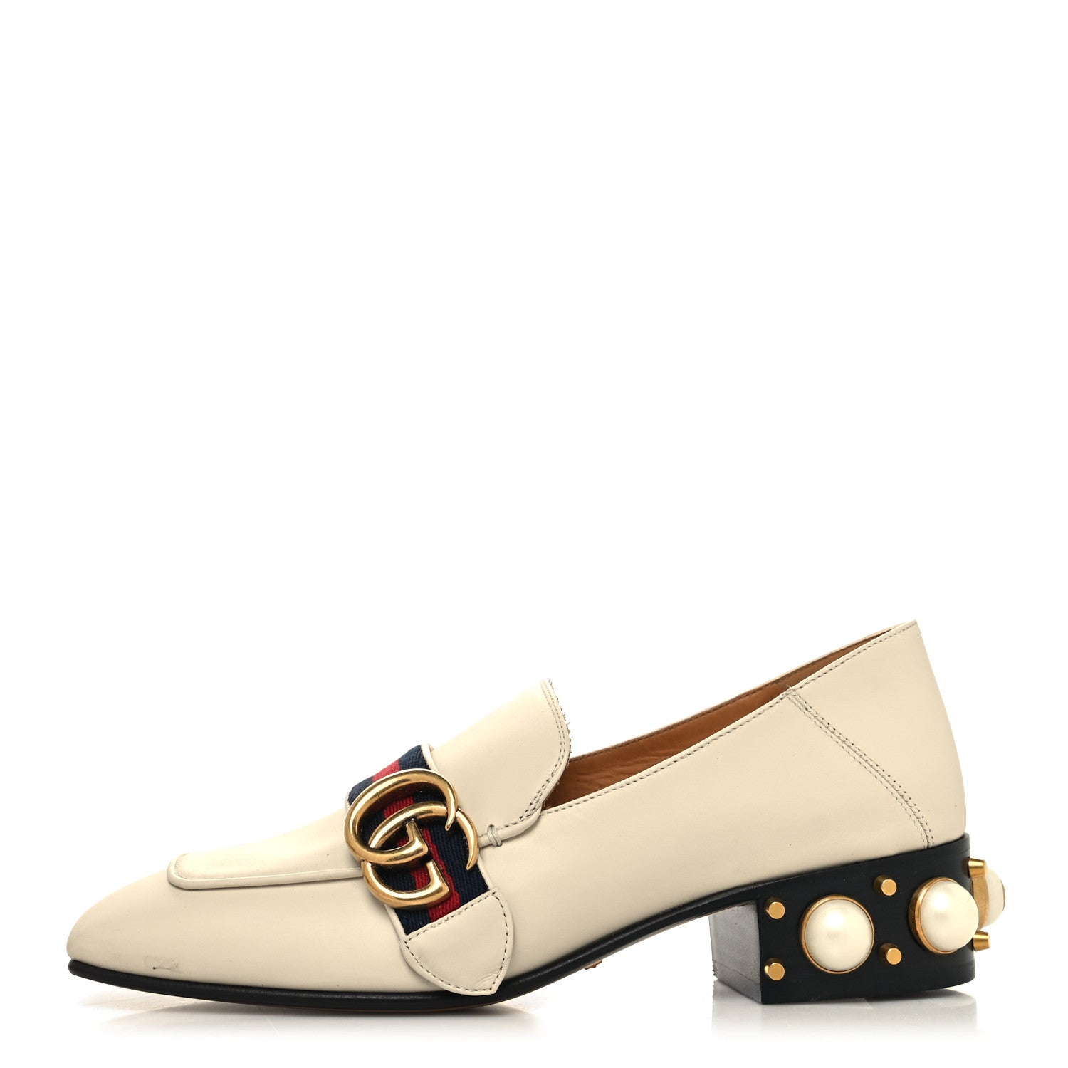 Gucci Betis Glamour Calfskin Web Pearl Embellished Peyton 35mm Loafer Pumps 36.5 Mystic White 1 of 10