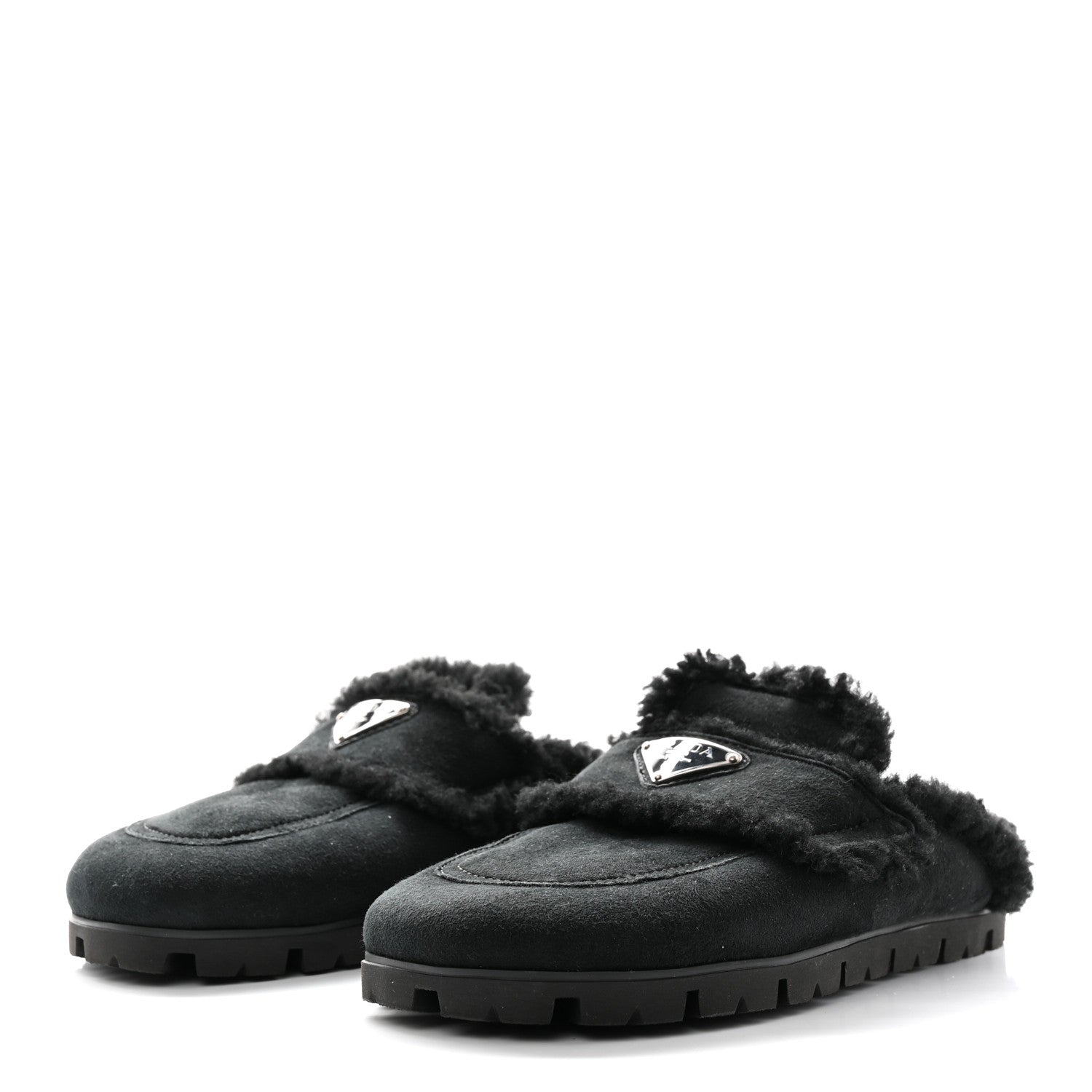 Prada Shearling Metal Triangle Logo 20mm Slippers 37 Black 3 of 8
