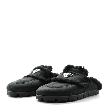 Prada Shearling Metal Triangle Logo 20mm Slippers 37 Black 3 of 8
