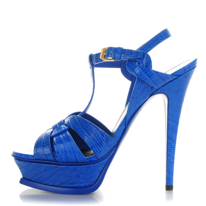 Saint Laurent Calfskin Lizard Embossed Tribute 105 Platform Sandals 38 Blue Majorelle 1 of 6