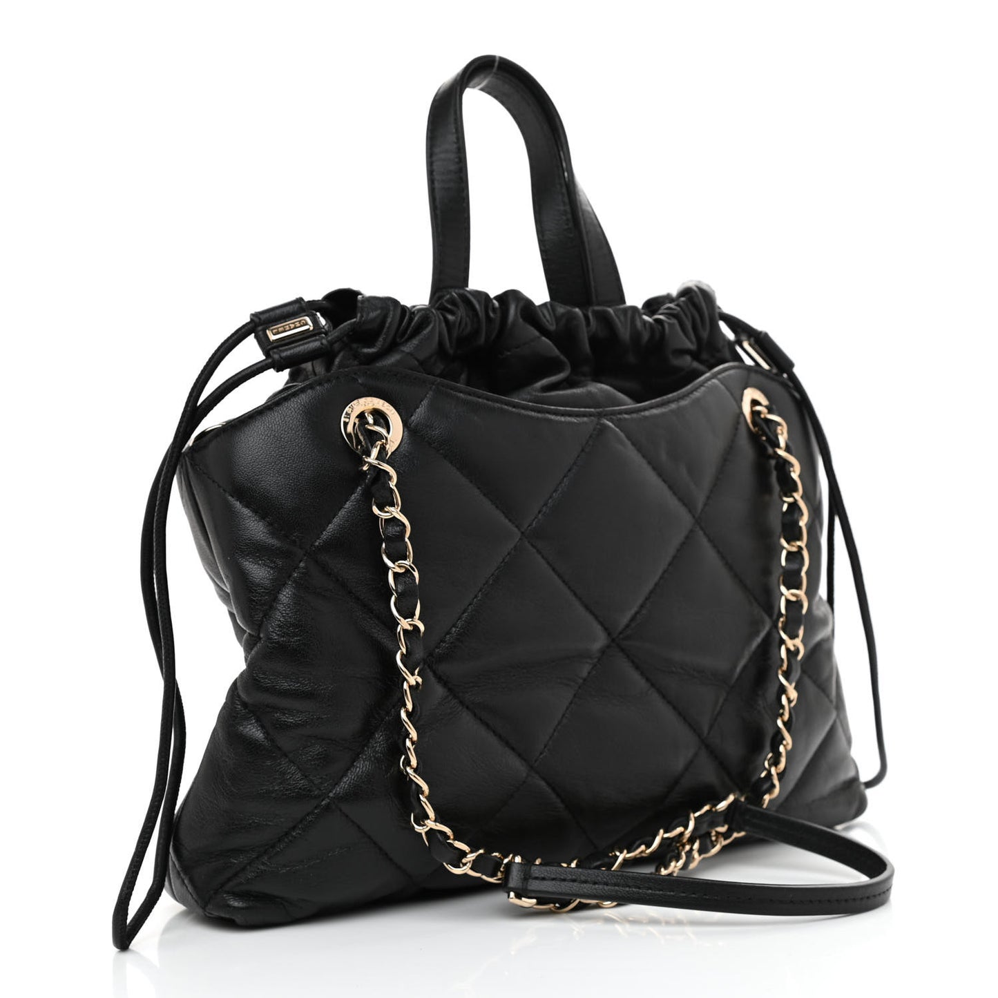 Lambskin Quilted Small Drawstring Shopping Bag Black