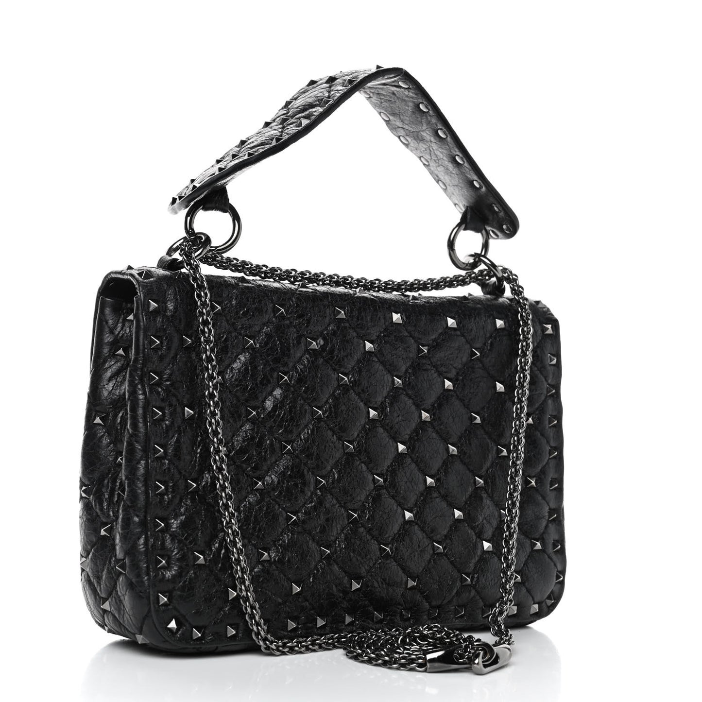 Craquele Nappa Medium Rockstud Spike Shoulder Bag Black