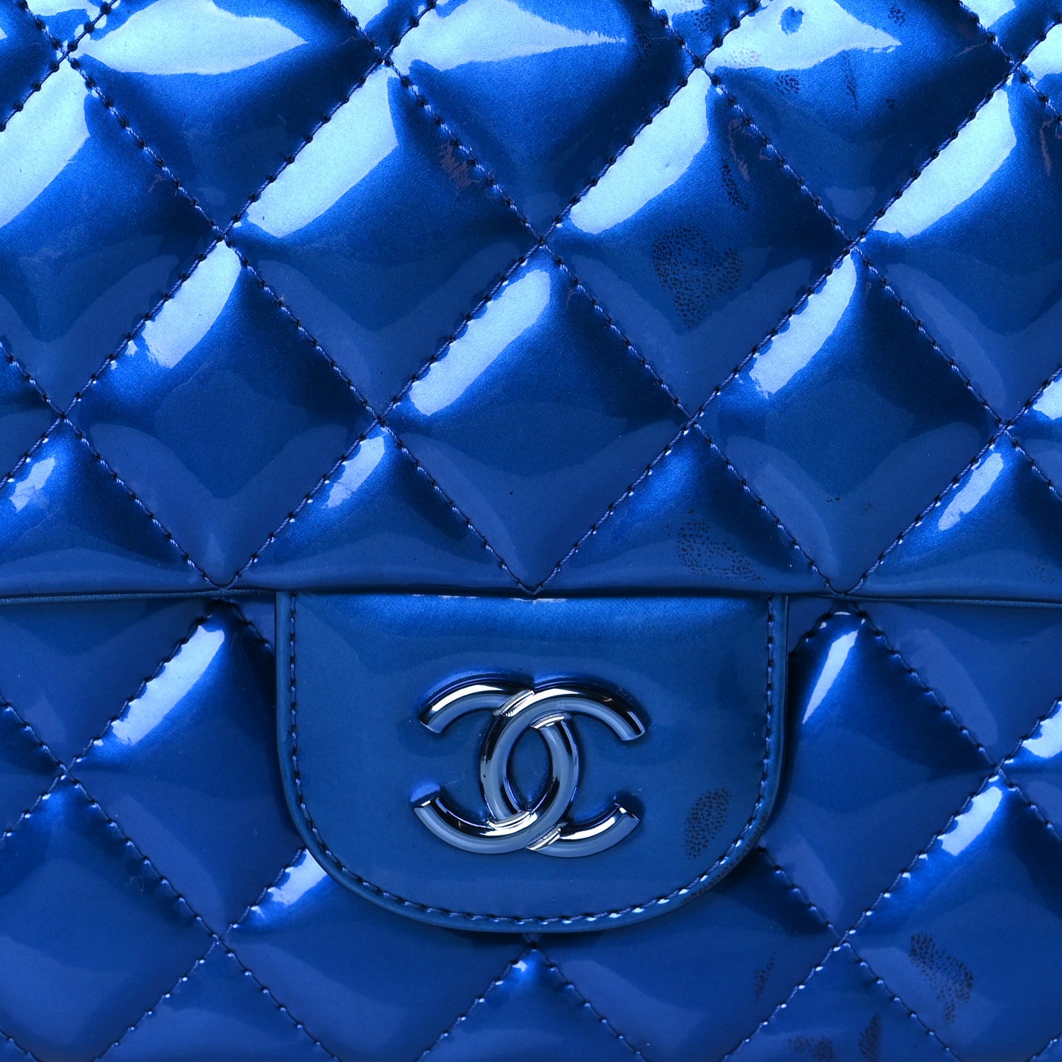 Chanel Metallic Patent Calfskin Quilted Metal Handle Clutch Blue 8 of 10